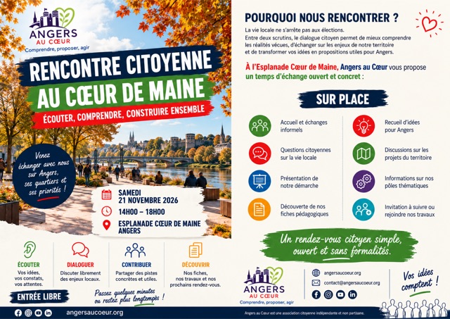 Flyer de la rencontre citoyenne du 21 novembre 2026 de 14 h à 18 h, esplanade Cœur de Maine
